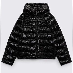 ZARA BLACK SHINY VINYL QUILTED WATER REPELLENT SHORT PUFFER JACKET COAT